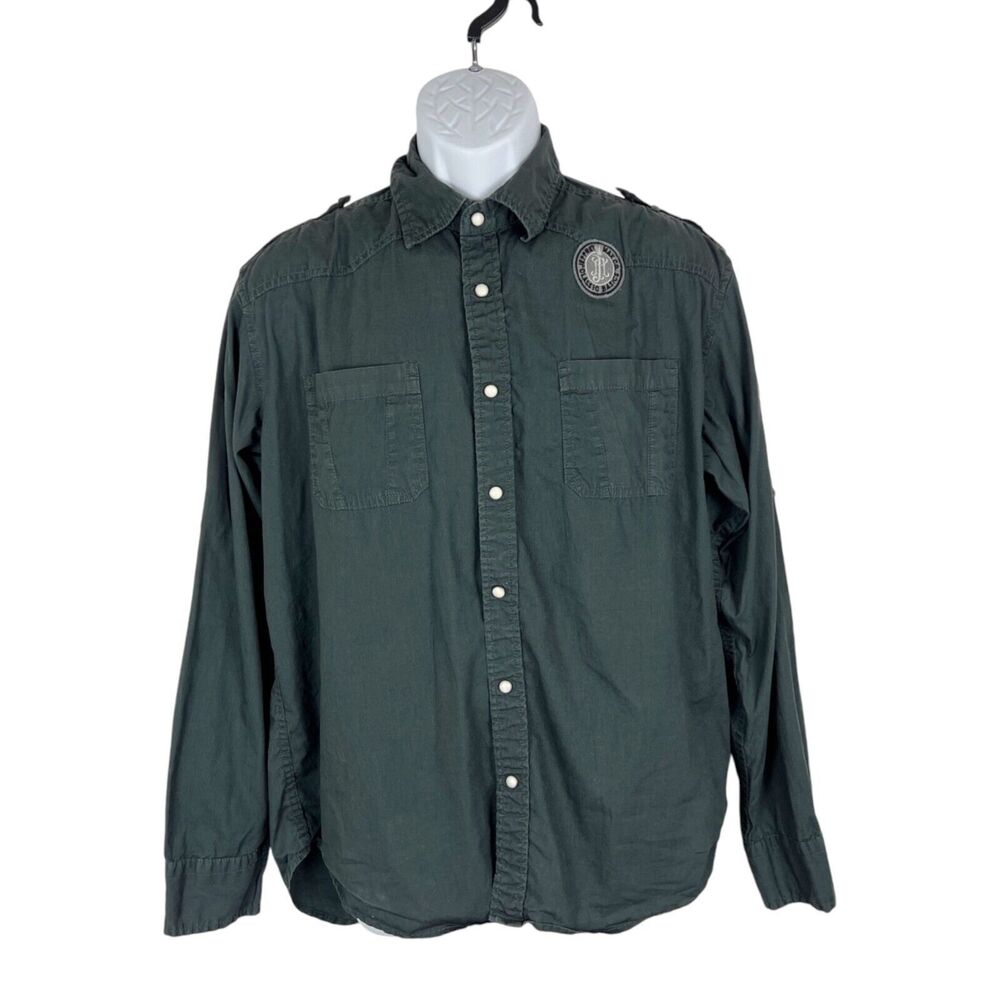 Jeffrey Max Military Button Down Shirt Men Large Grey Roll Tab Sleeve Vintage